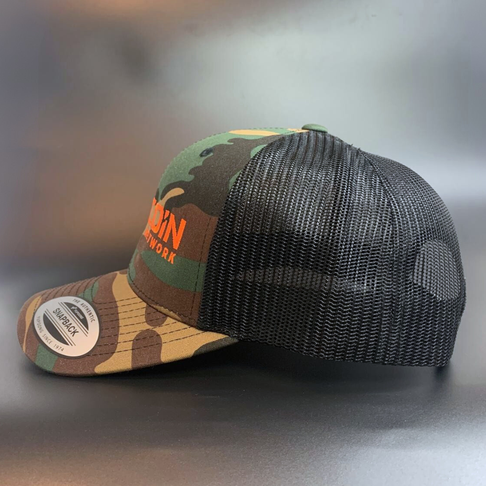 Bitcoin Sports Network Dark Green Camo Hat – Bright Orange Logo