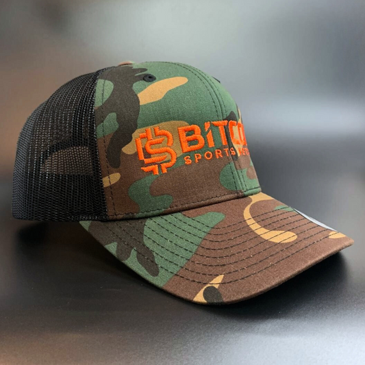 Bitcoin Sports Network Dark Green Camo Hat – Bright Orange Logo