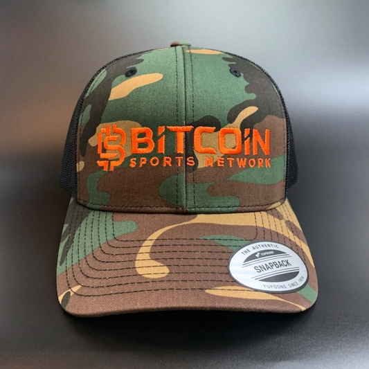 Bitcoin Sports Network Dark Green Camo Hat – Bright Orange Logo