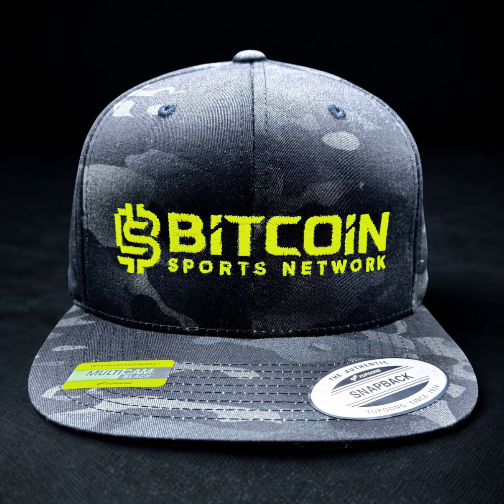 Bitcoin Sports Network Black Camo Hat – Neon Yellow Logo