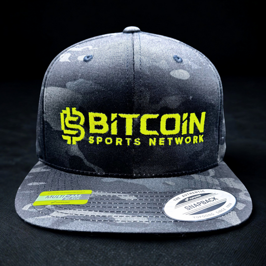 Bitcoin Sports Network Black Camo Hat – Neon Yellow Logo